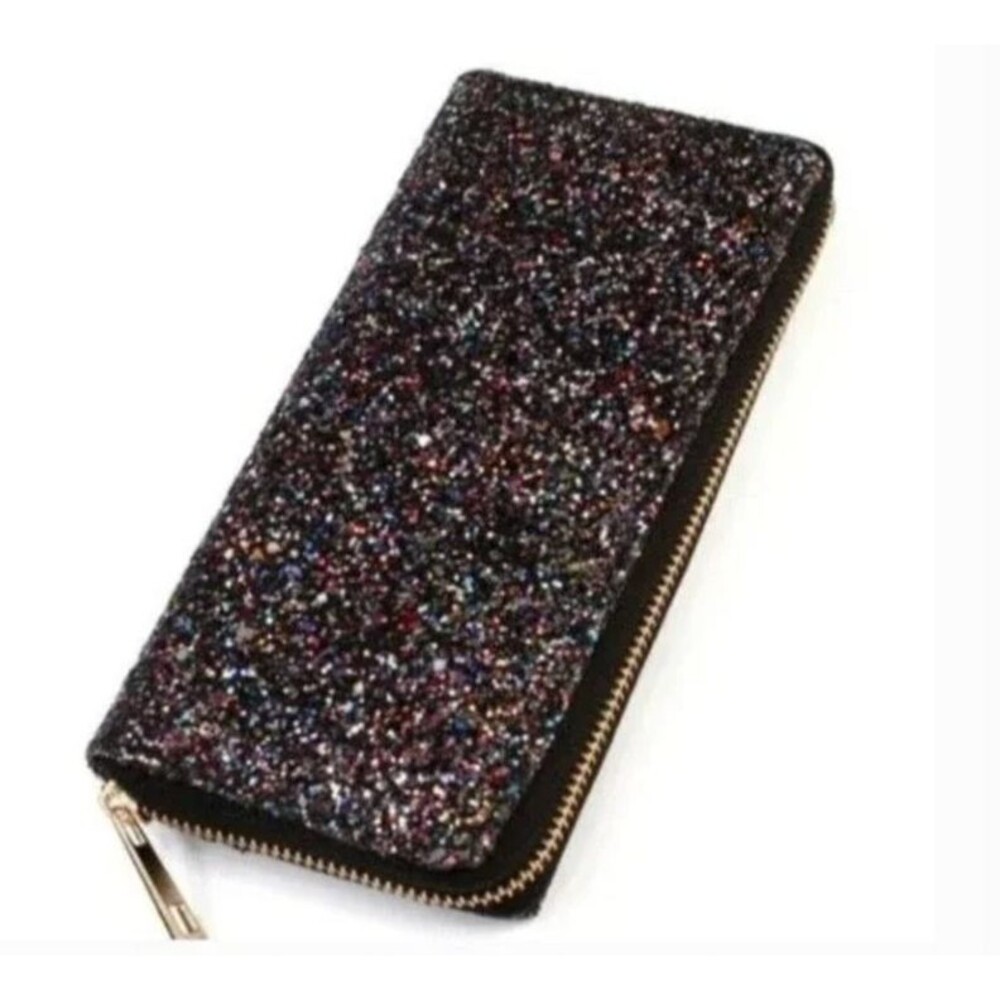 Women's Faux Leather Black Glitter Sparkle Wallet clutch zip around unbranded